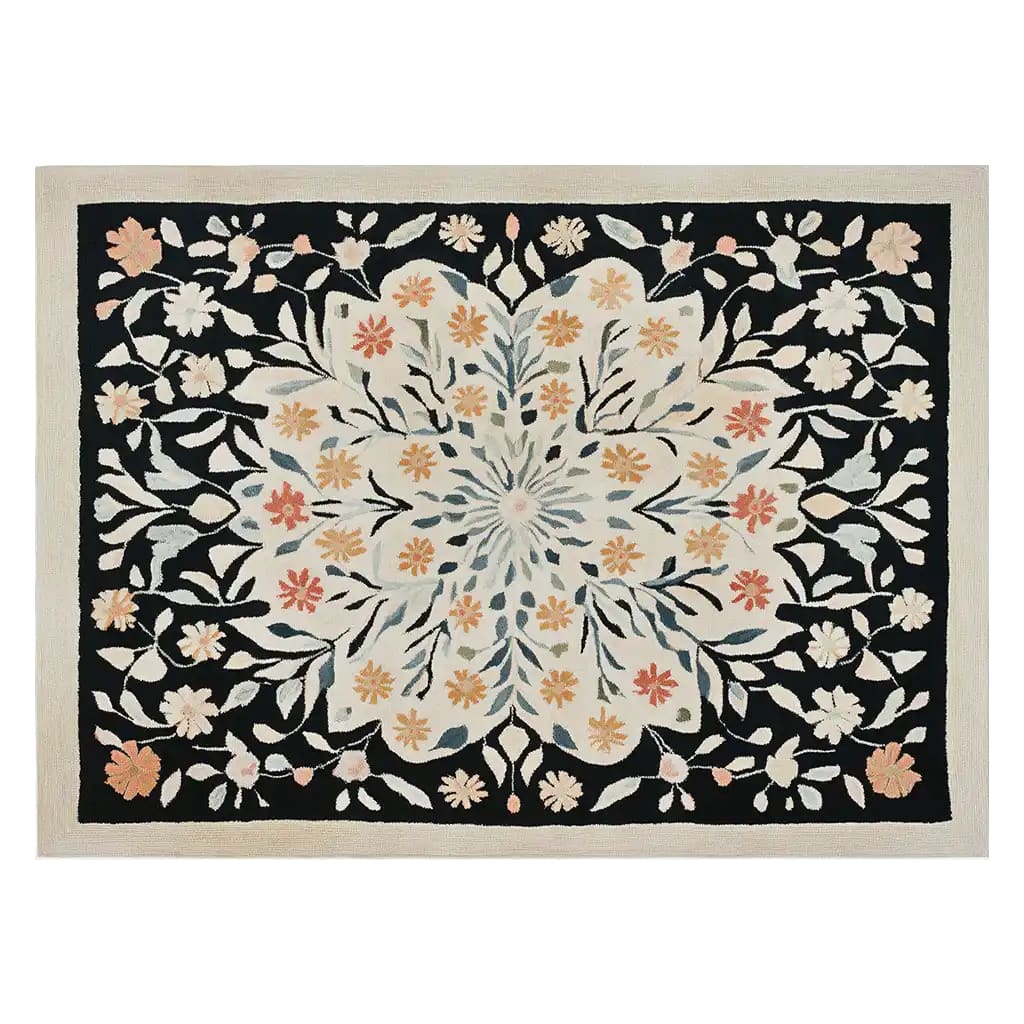 A beautiful Petal Cascade Hand Tufted Wool Rug featuring an intricate floral design. The area rug showcases a blend of soft colors on a dark background, perfect for adding elegance to living room spaces. Ideal for those seeking living room area rugs, this floral rug measures 8x10 and is crafted from high-quality wool, offering both style and comfort.