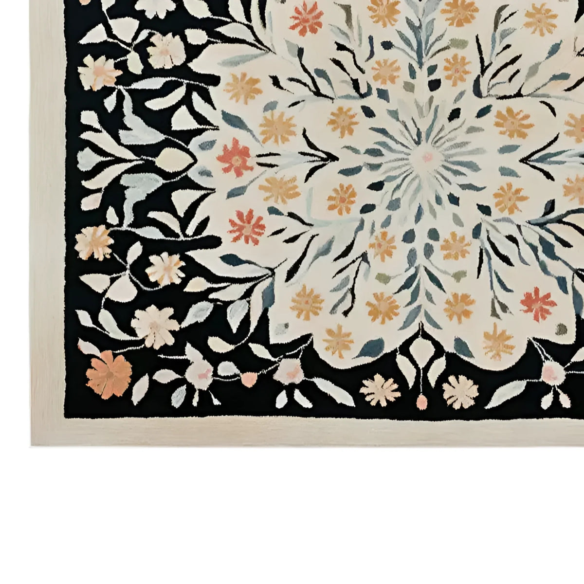 Beautiful Petal Cascade Hand Tufted Wool Rug featuring intricate floral designs in warm tones of orange, red, and blue on a cream background. Perfect for adding elegance to living room area rugs, this 8x10 wool rug combines style and comfort seamlessly.