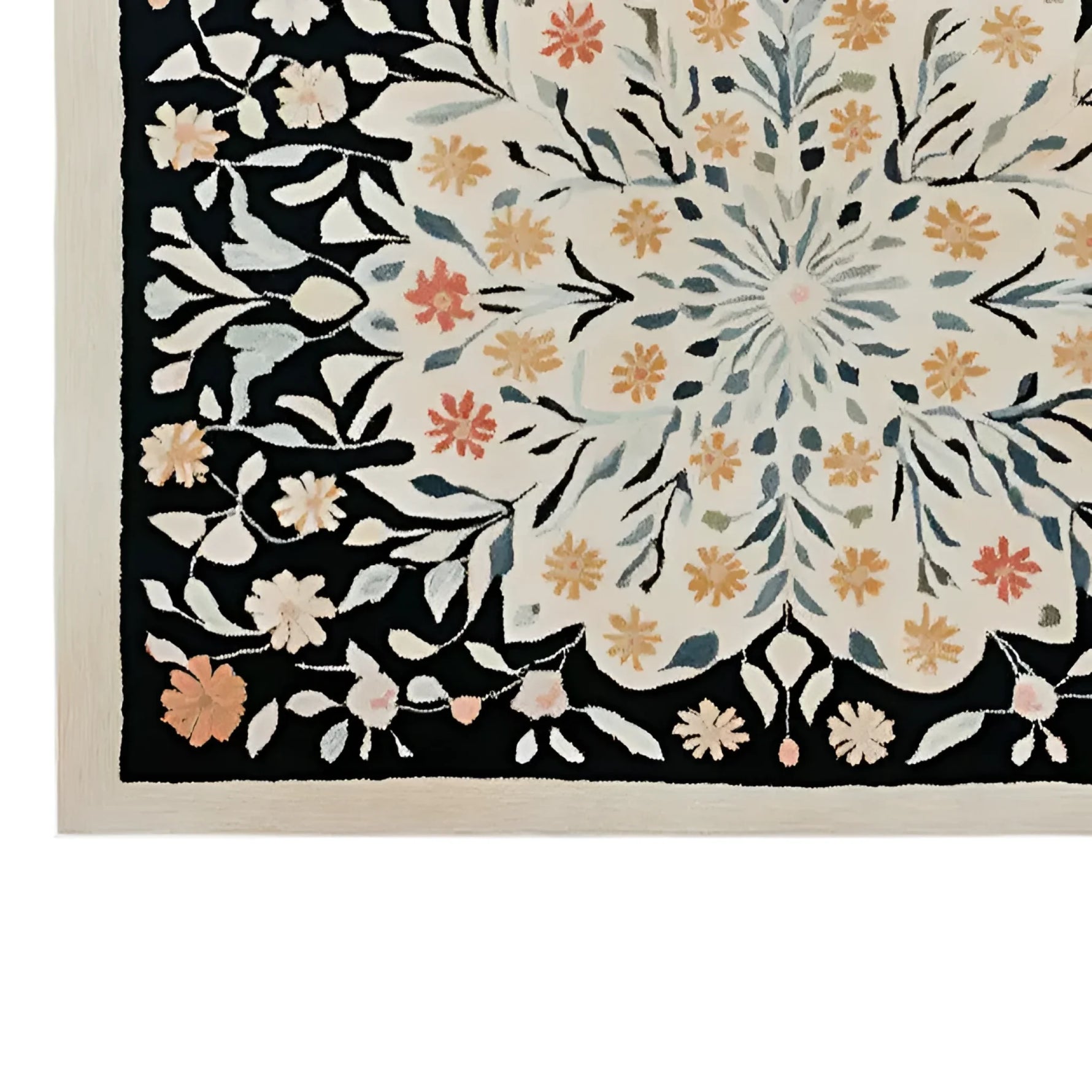 Beautiful Petal Cascade Hand Tufted Wool Rug featuring intricate floral designs in warm tones of orange, red, and blue on a cream background. Perfect for adding elegance to living room area rugs, this 8x10 wool rug combines style and comfort seamlessly.