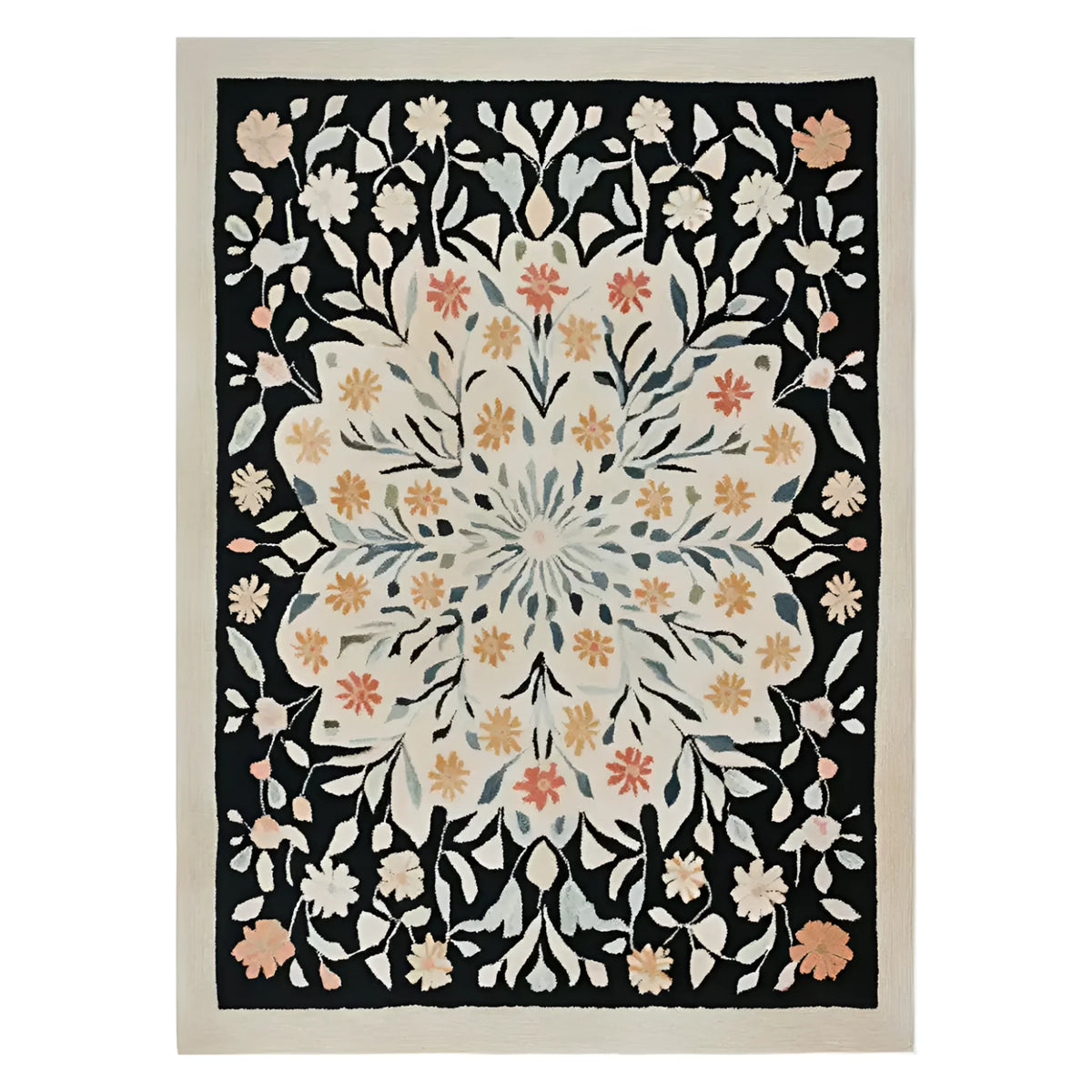 Elegant Petal Cascade hand-tufted wool rug featuring a stunning floral design. Perfect for adding a touch of nature to your living room area. This 8x10 area rug combines dark and light hues, offering a sophisticated look that complements any living room decor.