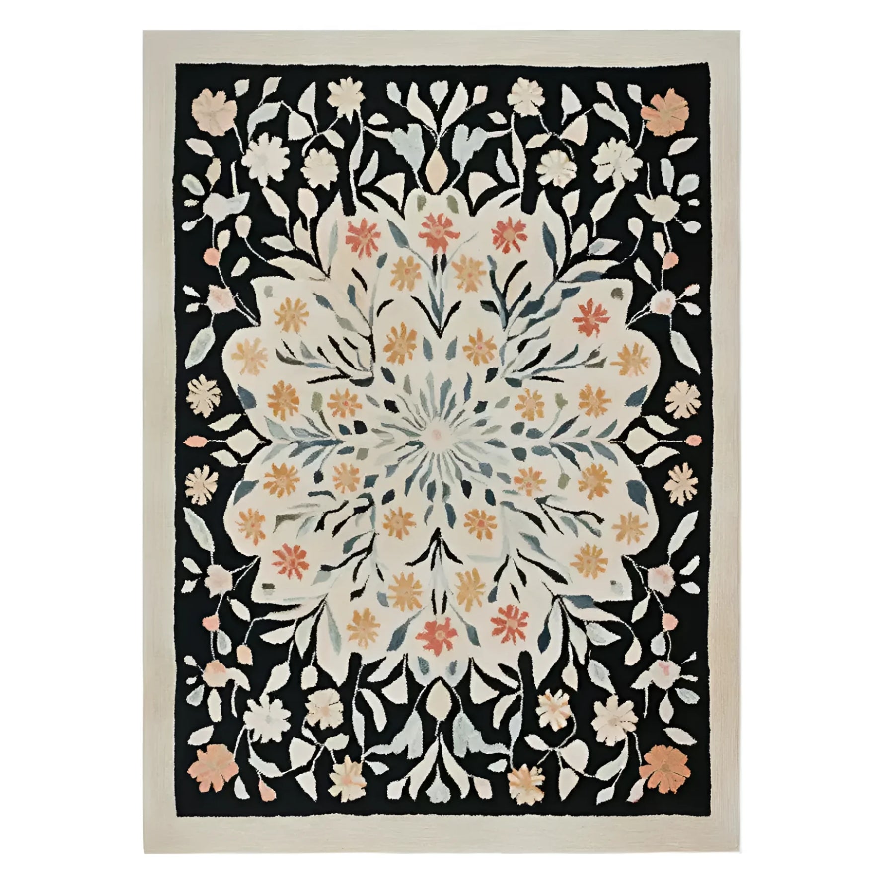 Elegant Petal Cascade hand-tufted wool rug featuring a stunning floral design. Perfect for adding a touch of nature to your living room area. This 8x10 area rug combines dark and light hues, offering a sophisticated look that complements any living room decor.
