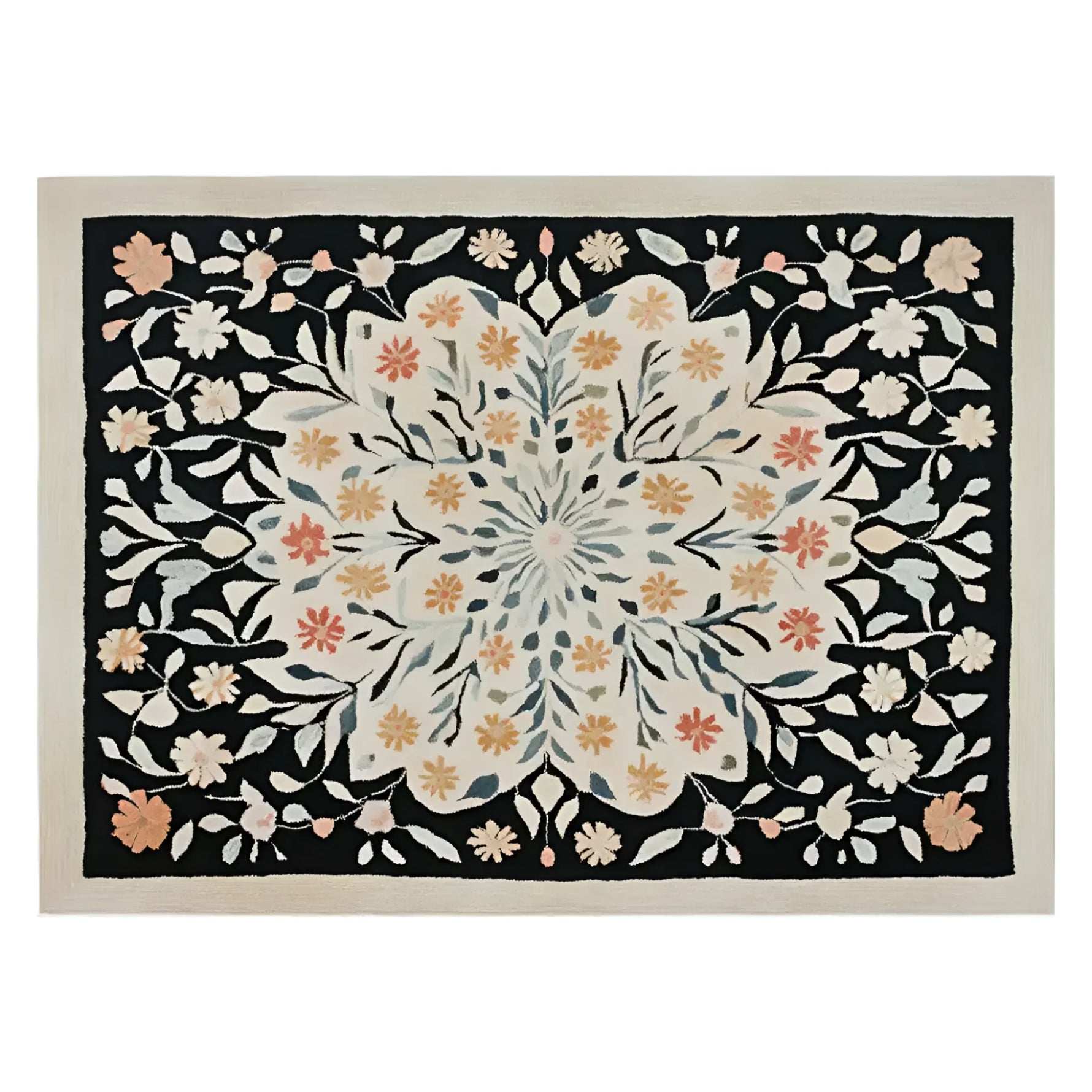 A beautiful Petal Cascade Hand Tufted Wool Rug featuring an intricate floral design. The area rug showcases a blend of soft colors on a dark background, perfect for adding elegance to living room spaces. Ideal for those seeking living room area rugs, this floral rug measures 8x10 and is crafted from high-quality wool, offering both style and comfort.