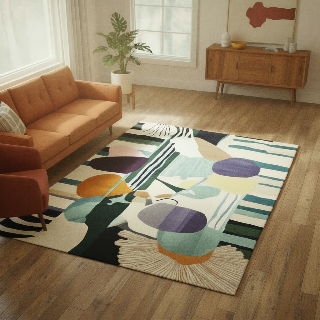 Living room with a colorful abstract rug on wooden flooring, brown sofa, and wooden cabinet.