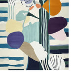 Vibrant and artistic area rug showcasing abstract shapes and bold colors, perfect for a contemporary living room. This wool rug combines hues of blue, purple, orange, and green, creating a modern statement piece for any space. Ideal for adding a touch of style and comfort to your living room area.