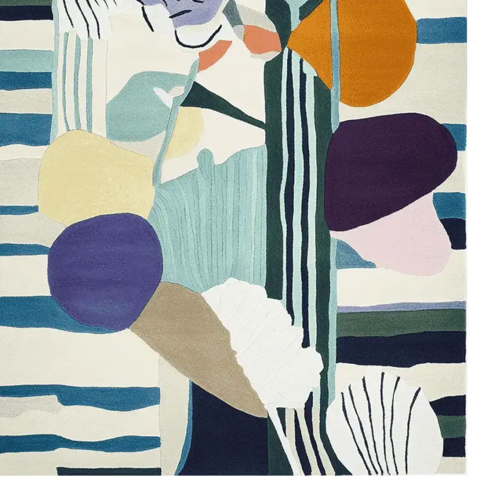Vibrant and artistic area rug showcasing abstract shapes and bold colors, perfect for a contemporary living room. This wool rug combines hues of blue, purple, orange, and green, creating a modern statement piece for any space. Ideal for adding a touch of style and comfort to your living room area.