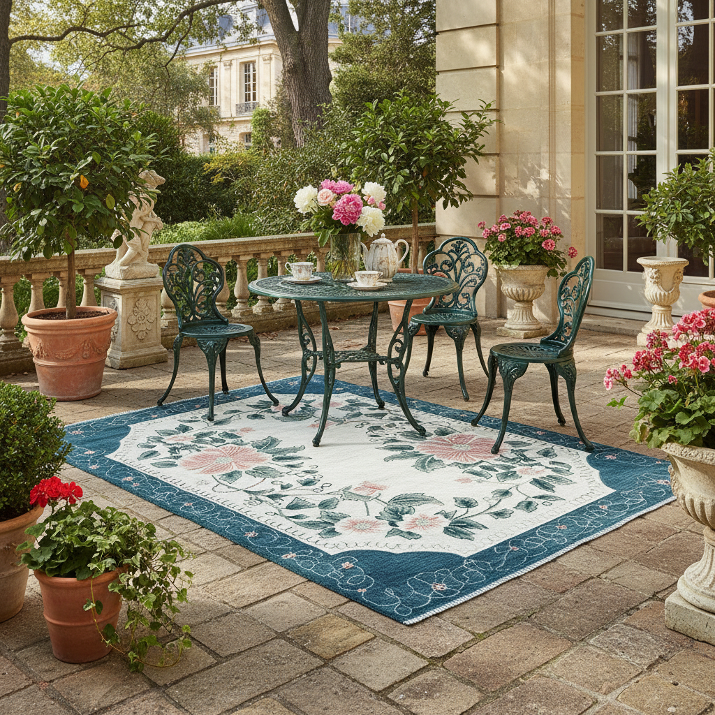 Outdoor patio setting with a table, chairs, and decorative rug on a stone patio.