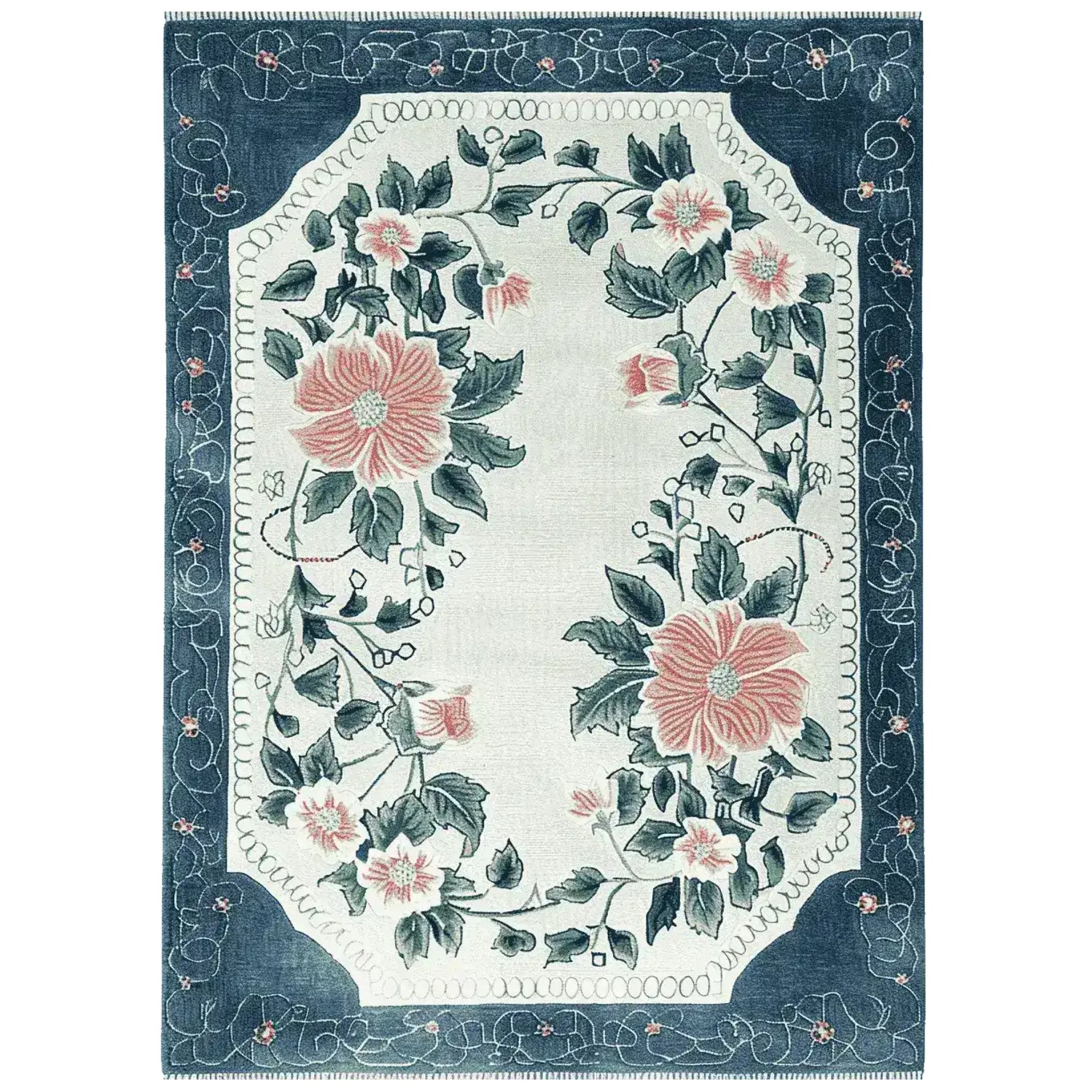 Outdoor patio setting with a table, chairs, and decorative rug on a stone patio.