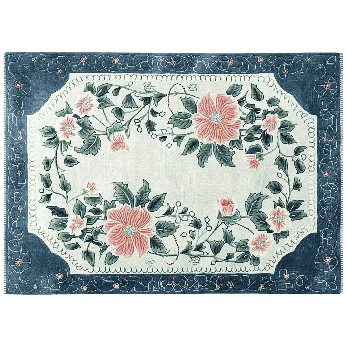 This stunning area rug features a vibrant floral design with large pink blooms and lush green leaves, set against a soft background. The intricate pattern is framed by a rich blue border, making it a perfect addition to any living room looking for a touch of elegance. Made from high-quality wool, this hand-tufted floral rug combines style and durability, ideal for those seeking beautiful rugs for living room spaces.