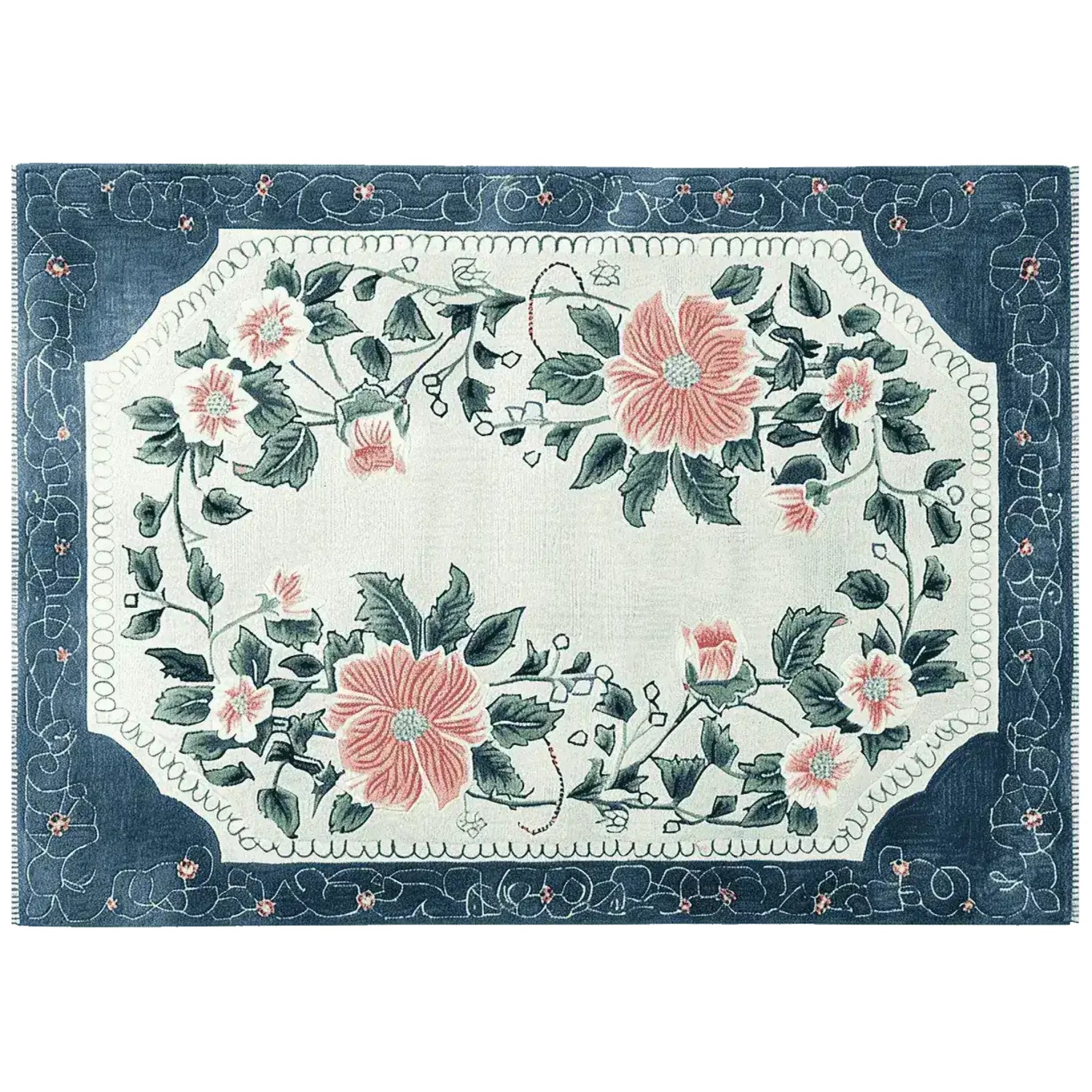 This stunning area rug features a vibrant floral design with large pink blooms and lush green leaves, set against a soft background. The intricate pattern is framed by a rich blue border, making it a perfect addition to any living room looking for a touch of elegance. Made from high-quality wool, this hand-tufted floral rug combines style and durability, ideal for those seeking beautiful rugs for living room spaces.