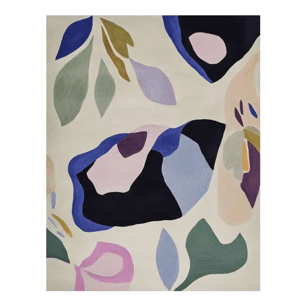 Discover the Petal Dreamscape Bloom Hand Tufted Rug, a contemporary area rug perfect for your living room. This wool rug features an abstract floral design with vibrant hues of blue, pink, and green on a neutral background, adding a modern touch to any space.
