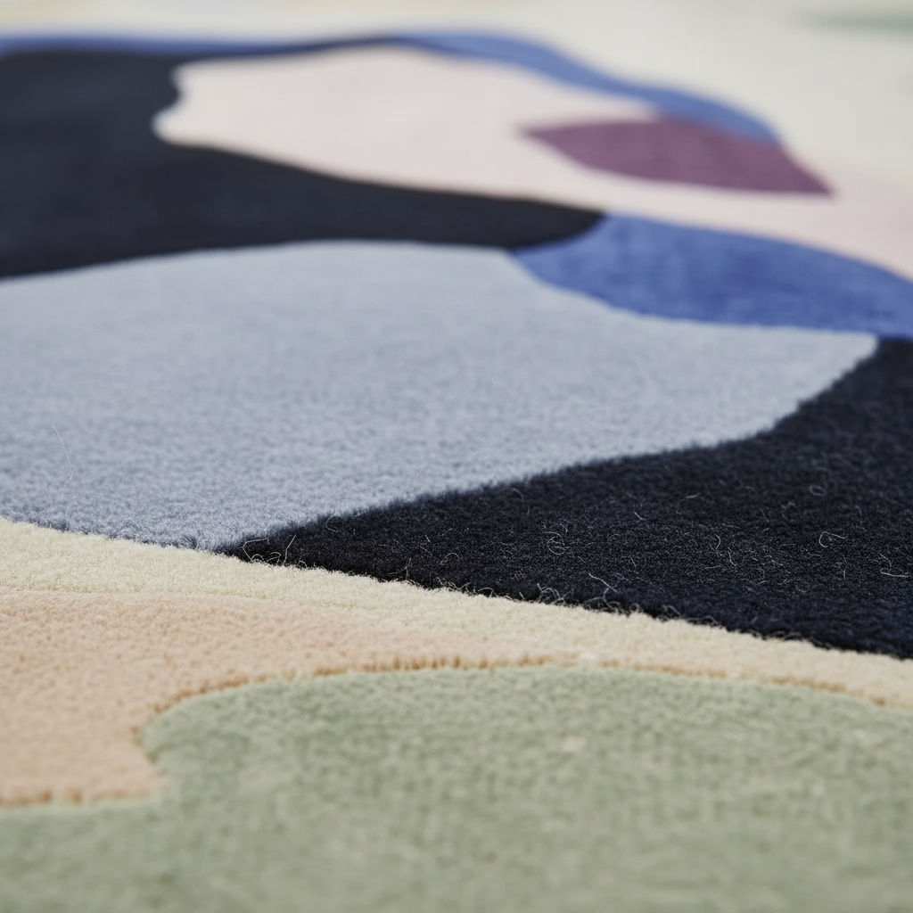 Close-up of a textured rug with geometric patterns in various colors.