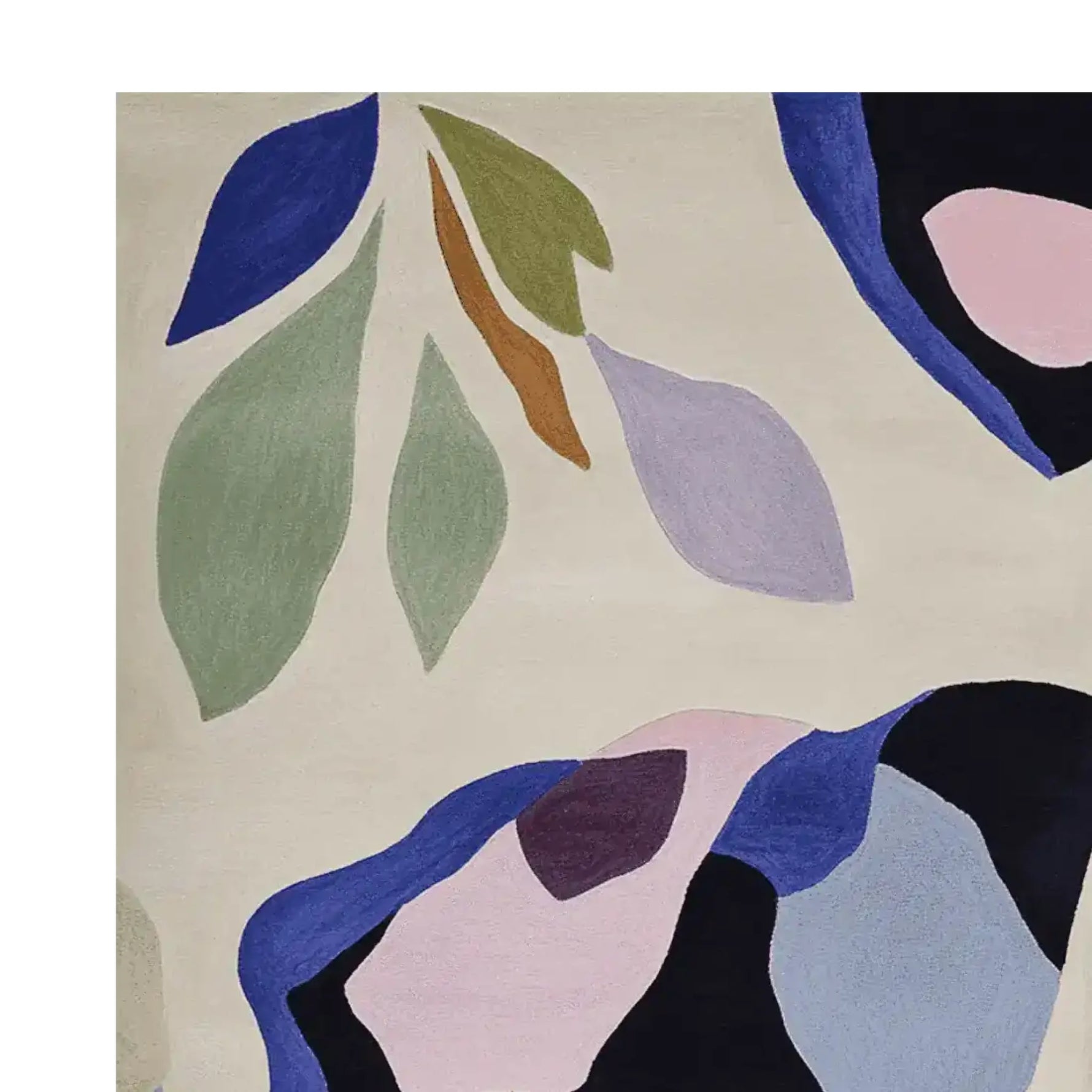Close-up view of the Petal Dreamscape Bloom Hand Tufted Rug, showcasing an abstract design with colorful leaf patterns in blue, green, and purple tones. This contemporary wool area rug is perfect for adding a touch of modern elegance to any living room space.