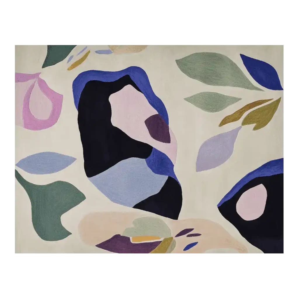 Top view of the Petal Dreamscape Bloom Hand Tufted Rug showcasing an abstract floral design with vibrant colors. This contemporary wool area rug is perfect for adding a stylish touch to living room spaces.