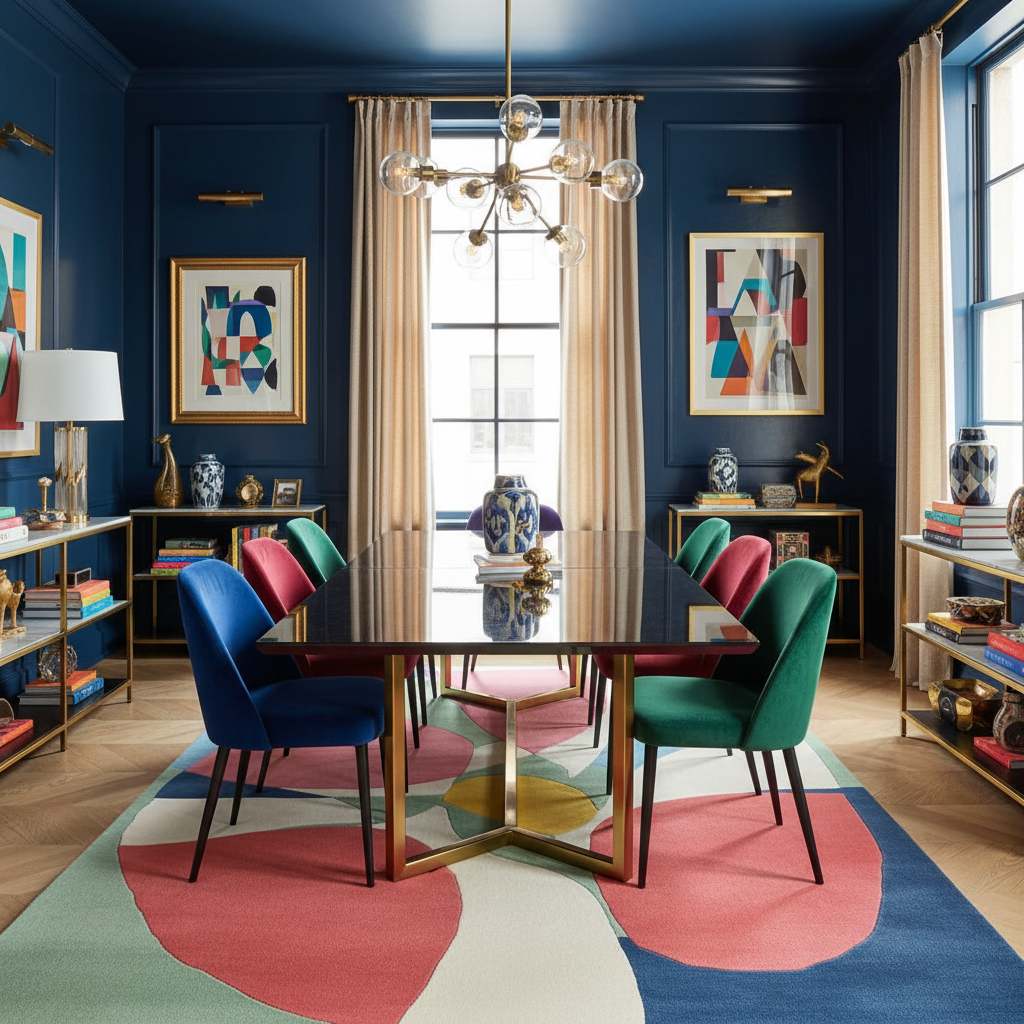 Modern dining room with colorful chairs and a geometric rug.