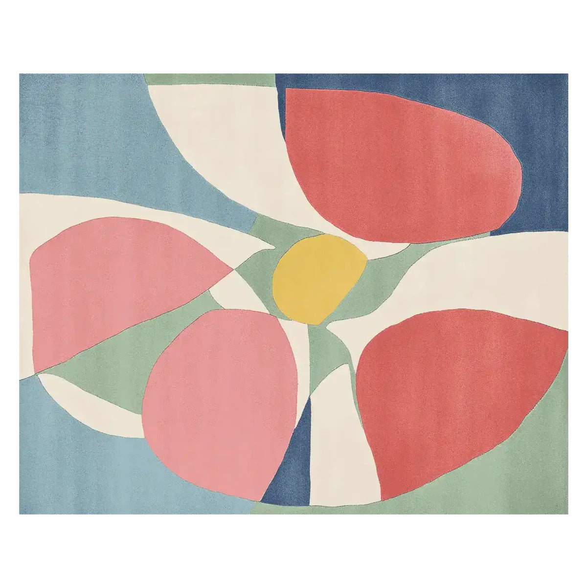 This vibrant area rug features an abstract design with bold petals in shades of red, pink, green, and blue, centered around a bright yellow circle. Perfect for a contemporary living room, this hand tufted wool rug adds a touch of modern artistry and comfort to any large space.