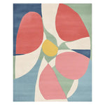 The Petal Drift Field Hand Tufted Rug is a vibrant area rug featuring an abstract floral design with large petal shapes in red, pink, green, and blue hues. Perfect for adding a contemporary touch to your living room, this wool rug offers a unique blend of colors and textures, ideal for large living spaces.