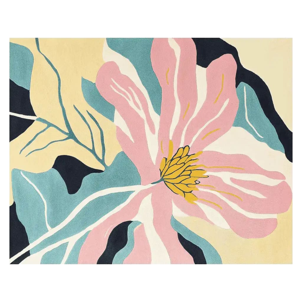 A vibrant hand-tufted area rug featuring an abstract floral design in soft pink, teal, yellow, and black hues. This contemporary wool rug is perfect for adding a splash of color to your living room. Ideal as an 8x10 area rug for living spaces.