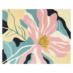 A vibrant hand-tufted area rug featuring an abstract floral design in soft pink, teal, yellow, and black hues. This contemporary wool rug is perfect for adding a splash of color to your living room. Ideal as an 8x10 area rug for living spaces.