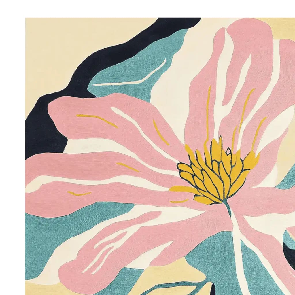 A vibrant, contemporary area rug featuring a hand-tufted wool design with a large abstract flower in pink, yellow, and teal tones. Ideal for adding a splash of color to an 8x10 living room space.
