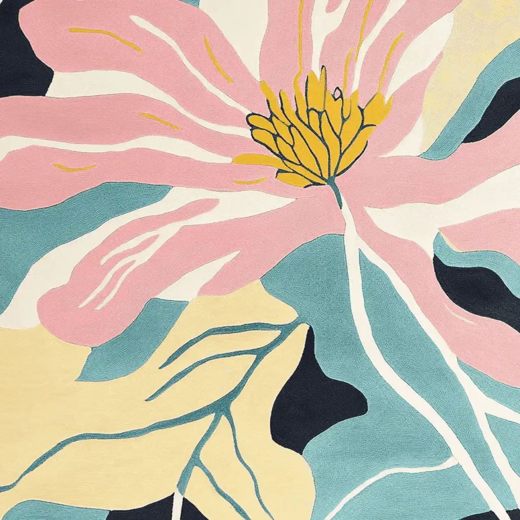 A vibrant and contemporary area rug featuring a large, abstract floral design in pink, yellow, and blue hues. Ideal for adding a splash of color to an 8x10 living room, this hand-tufted wool rug is both stylish and durable.