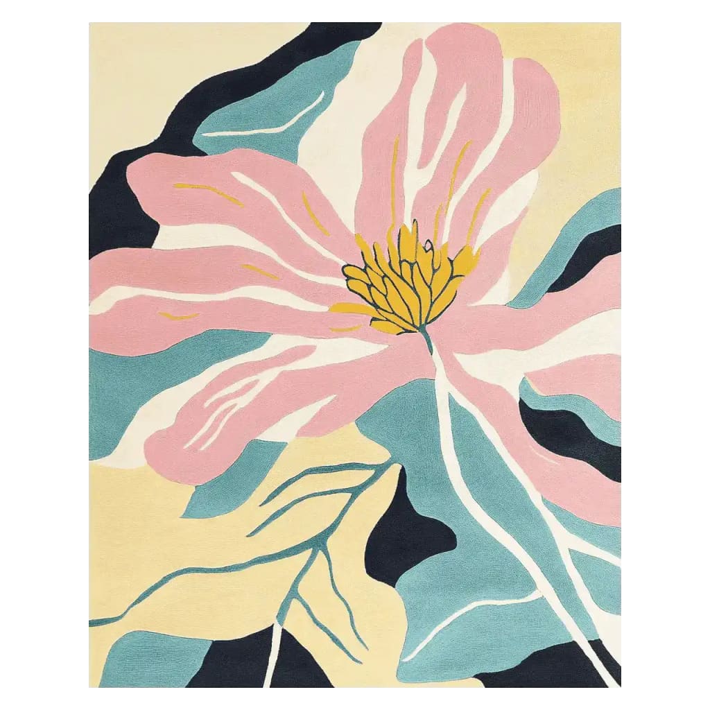 A vibrant hand tufted area rug featuring a large abstract floral design with pink petals, a yellow center, and teal accents. This contemporary wool rug is perfect for adding a splash of color to your living room. Ideal as an 8x10 area rug for modern interiors.