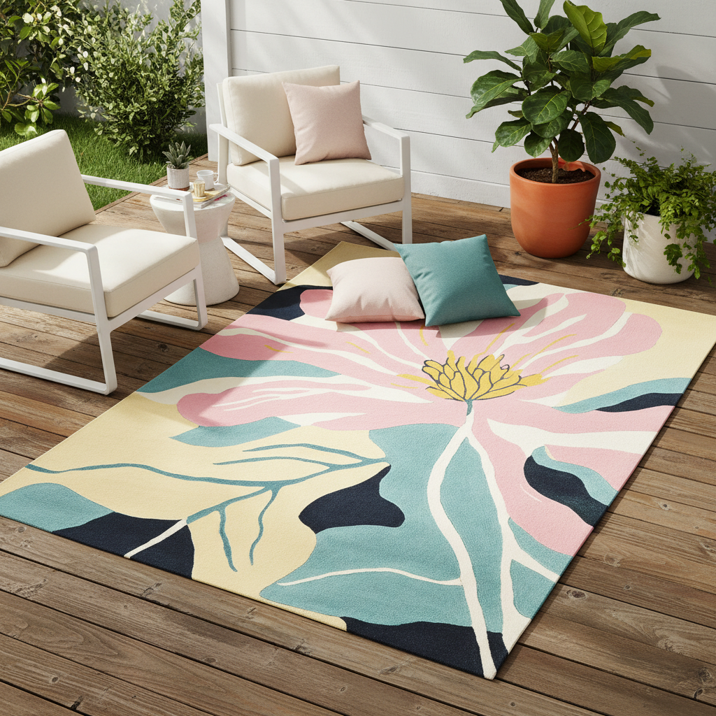 Floral patterned rug on a wooden deck with outdoor furniture and plants.