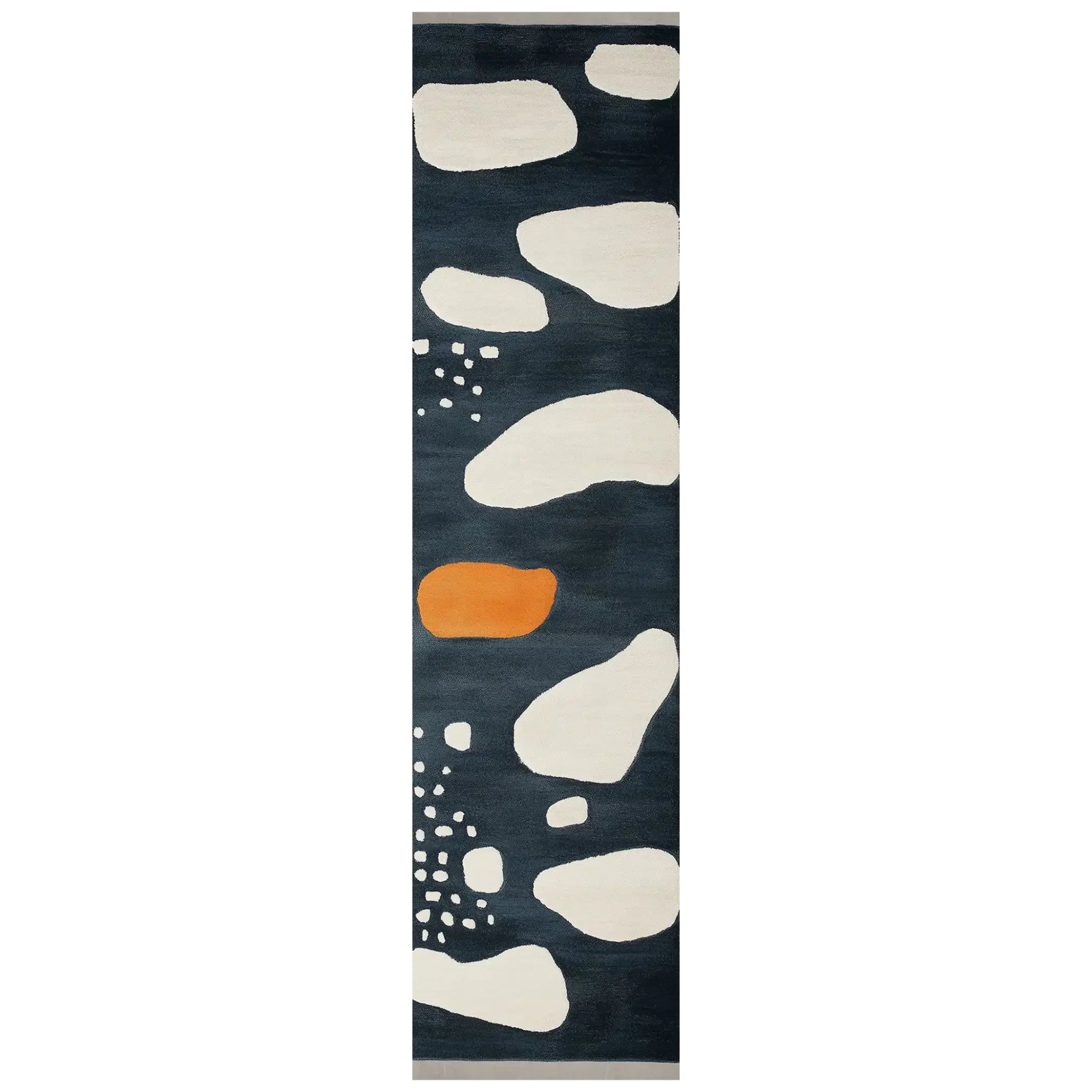 Image of a stylish Petal Grid Hand Tufted Wool Rug, featuring an abstract pattern with white and orange shapes on a dark background. Perfect as a Runner Rug, this contemporary design enhances any kitchen, hallway, or bathroom space, providing a modern touch with its soft wool texture.