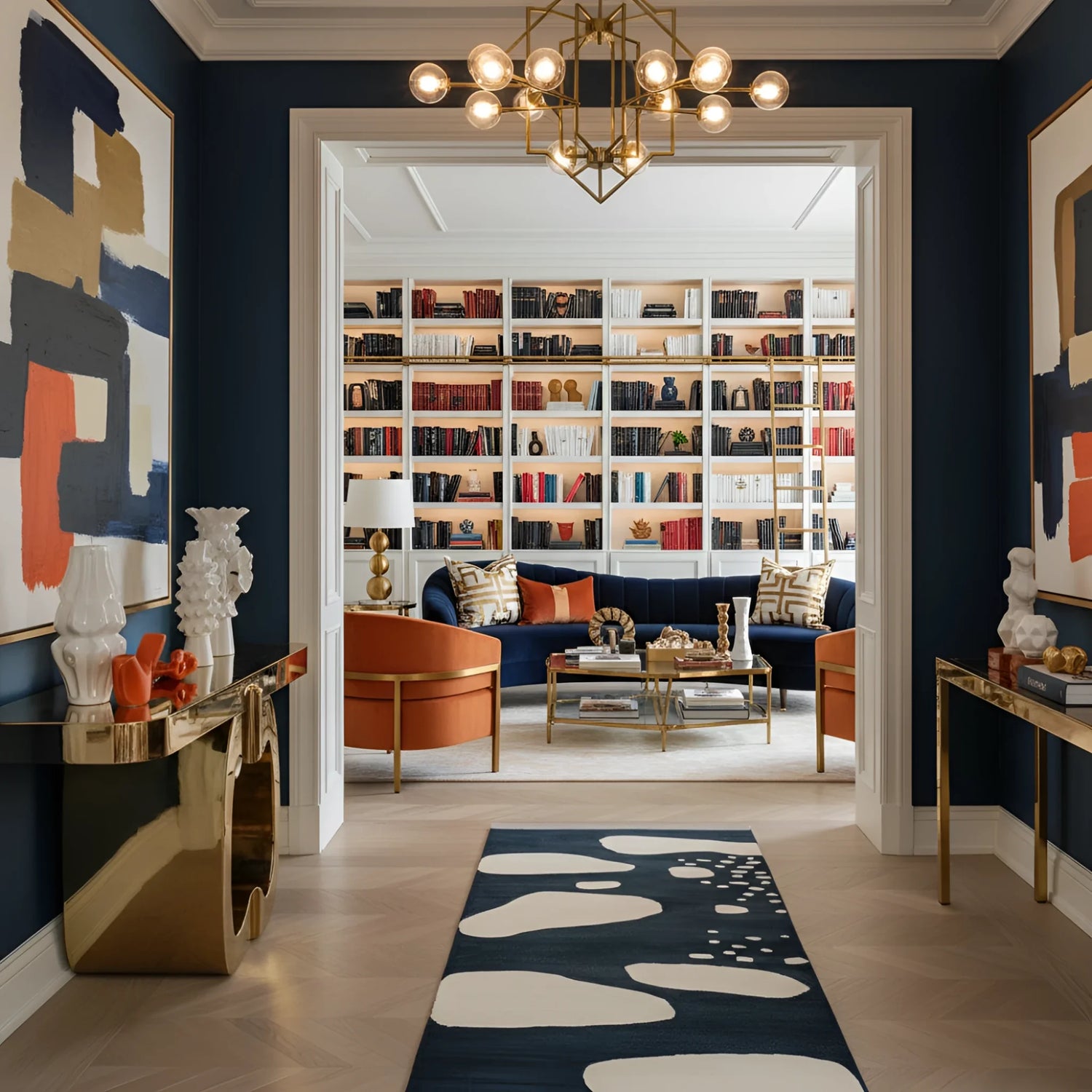 Modern living room with bookshelf, sofa, a contemporary hand-tufted wool rug, and decorative elements.