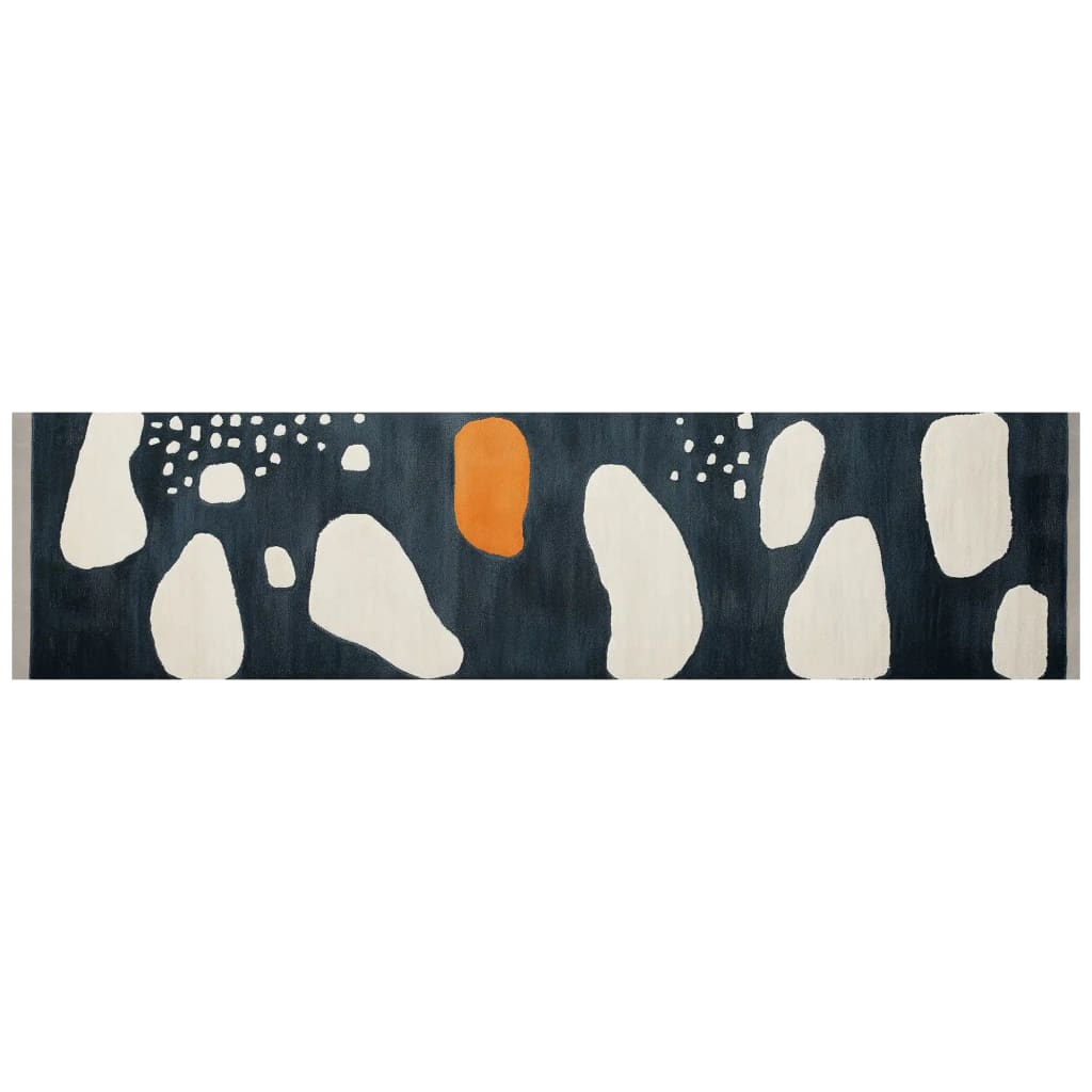 A stylish runner rug featuring an abstract design with white and orange shapes on a dark background, perfect for adding a contemporary touch to kitchens, hallways, or bathrooms. This hand-tufted wool rug combines modern aesthetics with functionality, making it an ideal choice for those seeking quality kitchen runner rugs or hallway runner rugs.