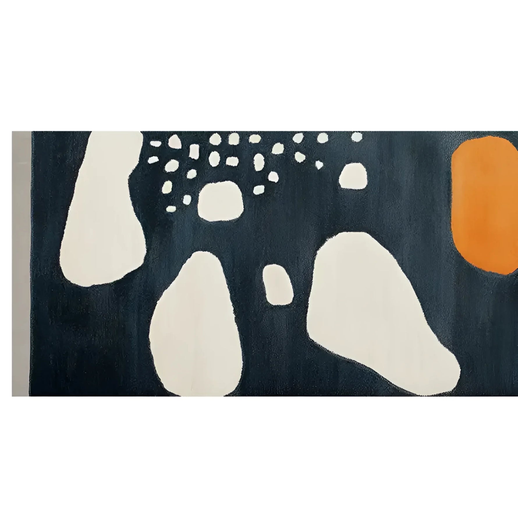 A contemporary runner rug featuring an abstract design with bold white and orange shapes against a dark background, perfect for use as a hallway runner rug, kitchen rug, or bathroom runner rug. Made from hand-tufted wool, this stylish wool rug adds a modern touch to any space.