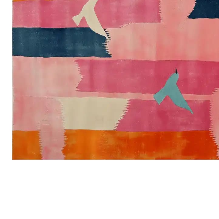 Vibrant Petal Harmony Hand Tufted Wool Rug featuring abstract design with bold pink, orange, and blue hues, perfect as a living room area rug. This wool rug adds a touch of artistic flair to rugs for living room settings.