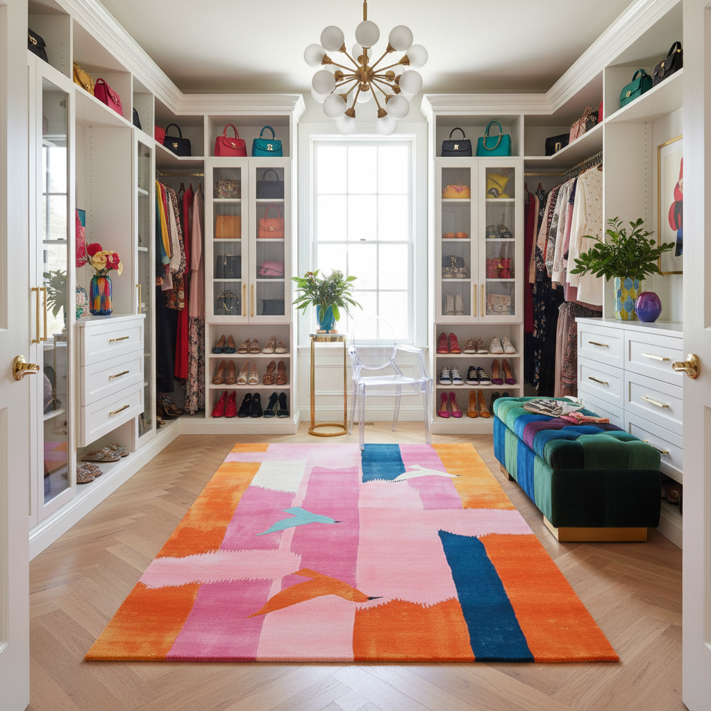 Colorful geometric rug in a stylishly organized closet with shelves and furniture.