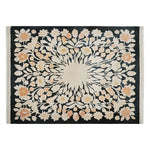 A beautifully designed area rug titled 'Petal Harmony Hand Tufted Wool Rug', featuring an intricate floral pattern with shades of cream and peach on a dark background, ideal for adding elegance to living rooms. This wool rug, available in 8x10 size, perfectly complements any home decor with its harmonious design.