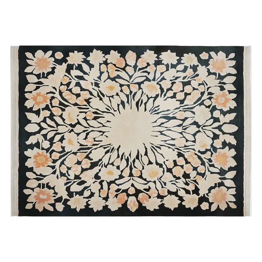 A beautifully designed area rug titled 'Petal Harmony Hand Tufted Wool Rug', featuring an intricate floral pattern with shades of cream and peach on a dark background, ideal for adding elegance to living rooms. This wool rug, available in 8x10 size, perfectly complements any home decor with its harmonious design.