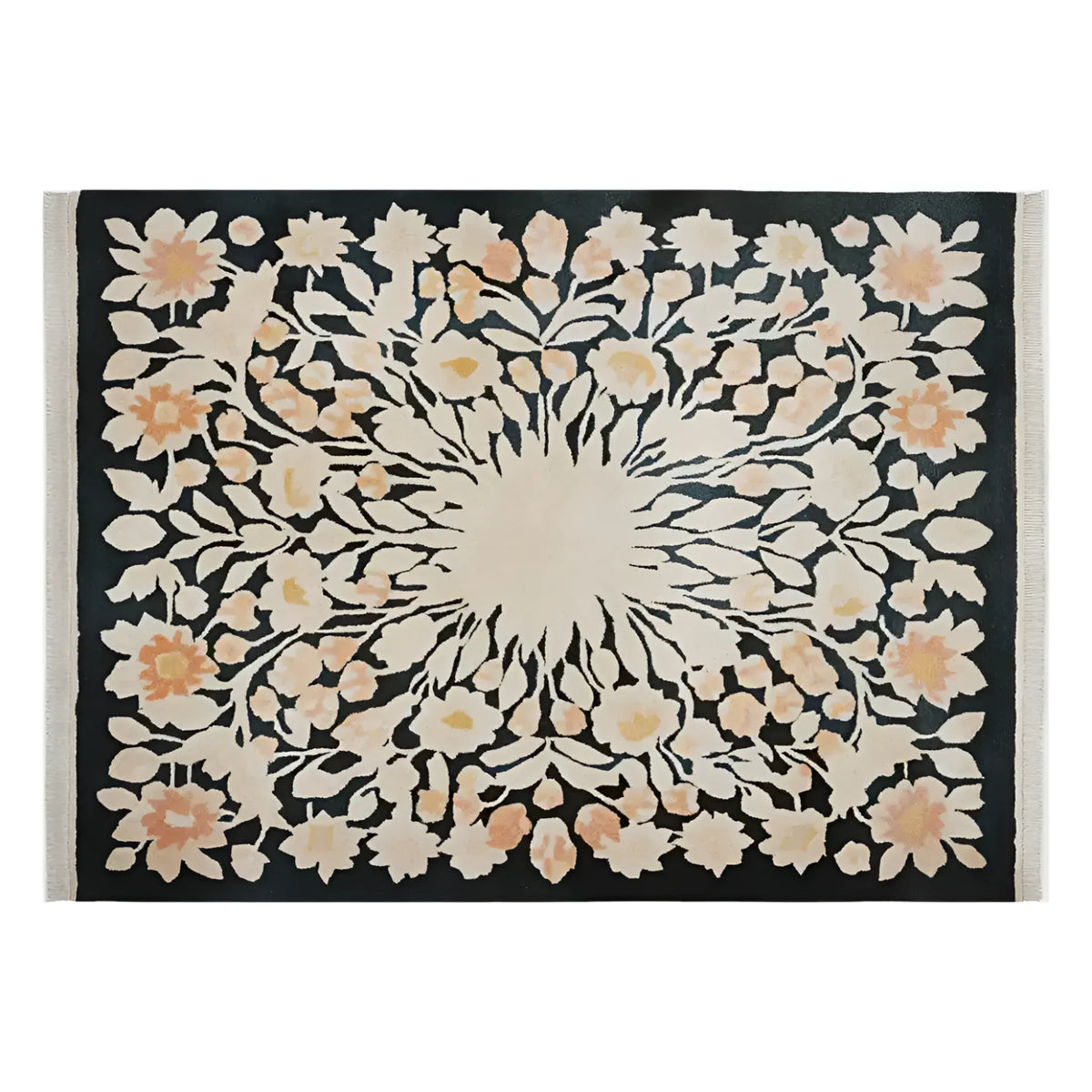 A beautifully designed area rug titled 'Petal Harmony Hand Tufted Wool Rug', featuring an intricate floral pattern with shades of cream and peach on a dark background, ideal for adding elegance to living rooms. This wool rug, available in 8x10 size, perfectly complements any home decor with its harmonious design.