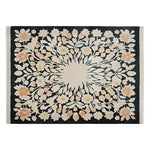 A beautifully designed area rug titled 'Petal Harmony Hand Tufted Wool Rug', featuring an intricate floral pattern with shades of cream and peach on a dark background, ideal for adding elegance to living rooms. This wool rug, available in 8x10 size, perfectly complements any home decor with its harmonious design.