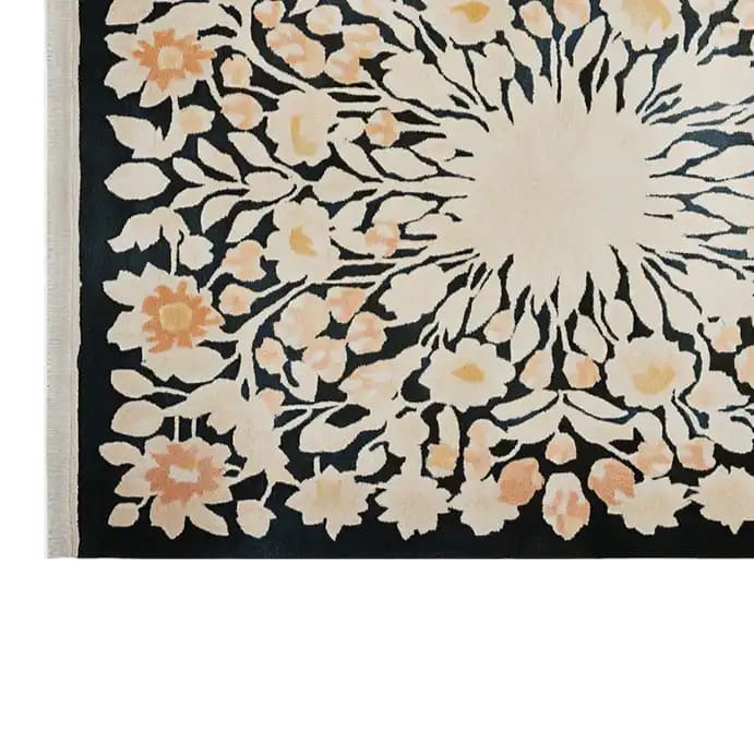 This image showcases the Petal Harmony Hand Tufted Wool Rug, a stunning area rug featuring a vibrant floral design in soft peach and beige tones set against a rich black background. Perfect for adding elegance to any living room, this wool rug measures 8x10 and offers a cozy touch to your home decor.