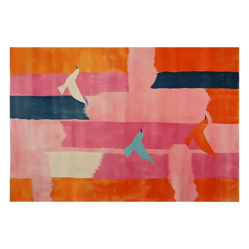 Vibrant Petal Harmony Hand Tufted Wool Rug featuring bold abstract design with colorful stripes and bird motifs, perfect for enhancing living room decor. This area rug adds a touch of elegance and style, ideal for those seeking unique wool rugs for their living room space.