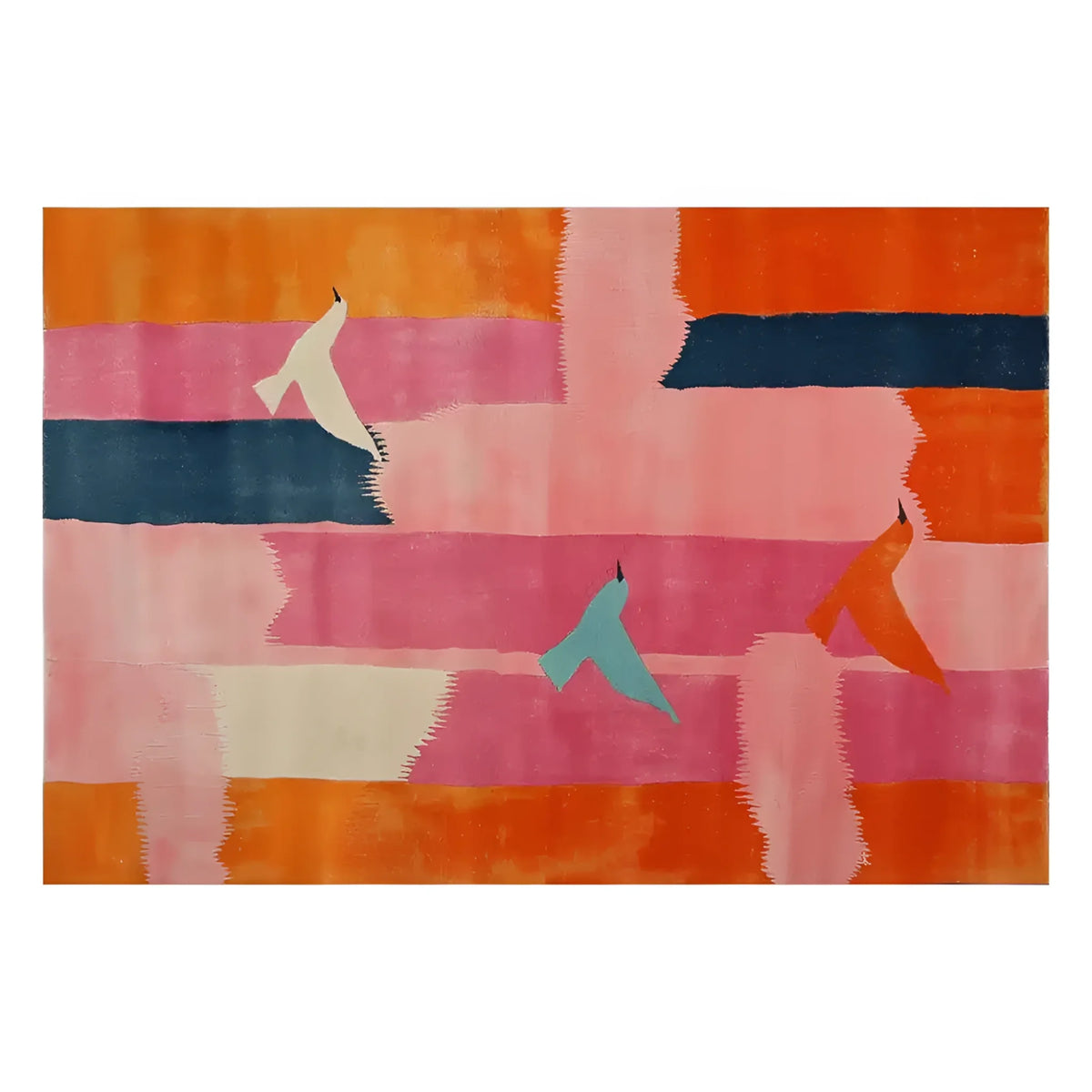 Vibrant Petal Harmony Hand Tufted Wool Rug featuring bold abstract design with colorful stripes and bird motifs, perfect for enhancing living room decor. This area rug adds a touch of elegance and style, ideal for those seeking unique wool rugs for their living room space.