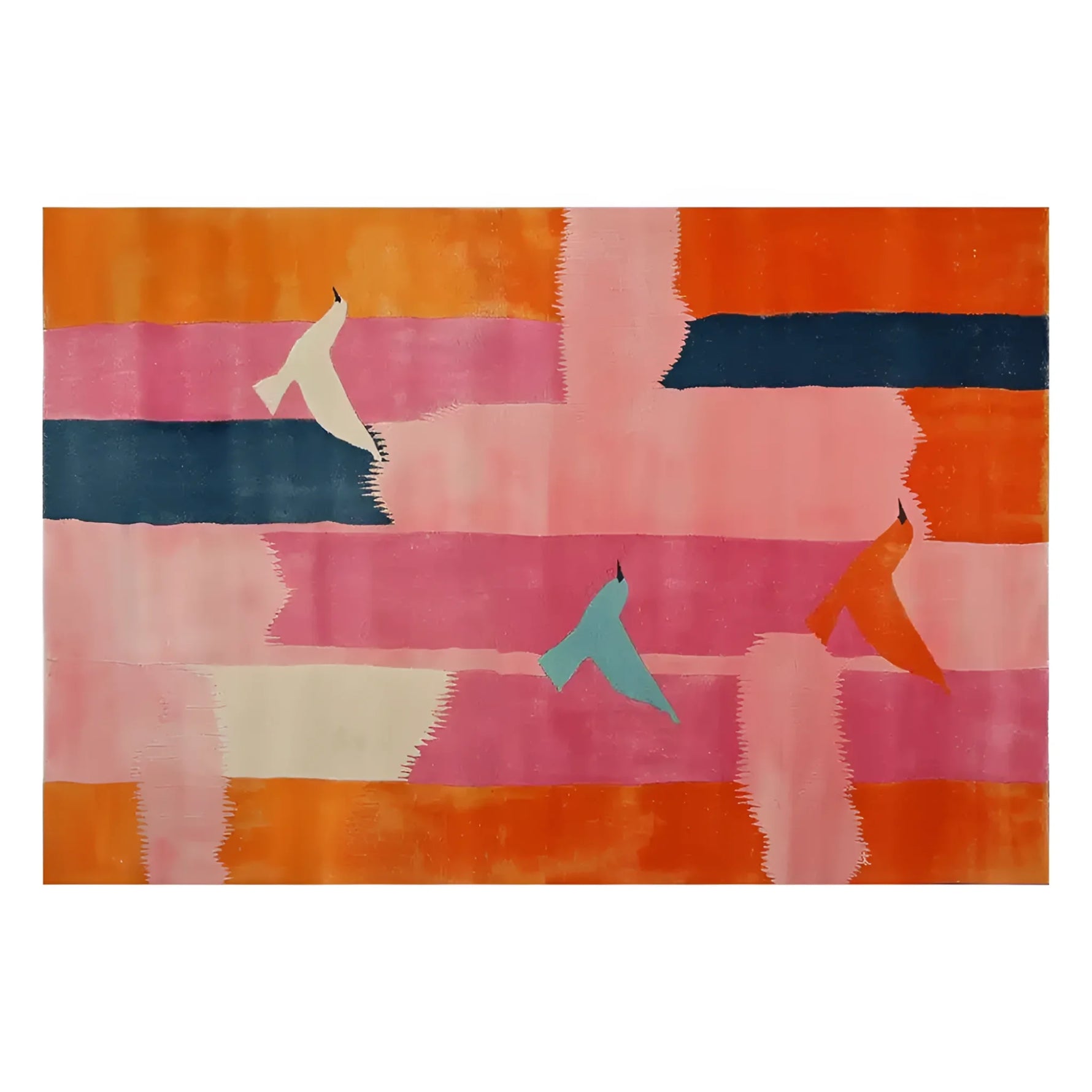 Vibrant Petal Harmony Hand Tufted Wool Rug featuring bold abstract design with colorful stripes and bird motifs, perfect for enhancing living room decor. This area rug adds a touch of elegance and style, ideal for those seeking unique wool rugs for their living room space.