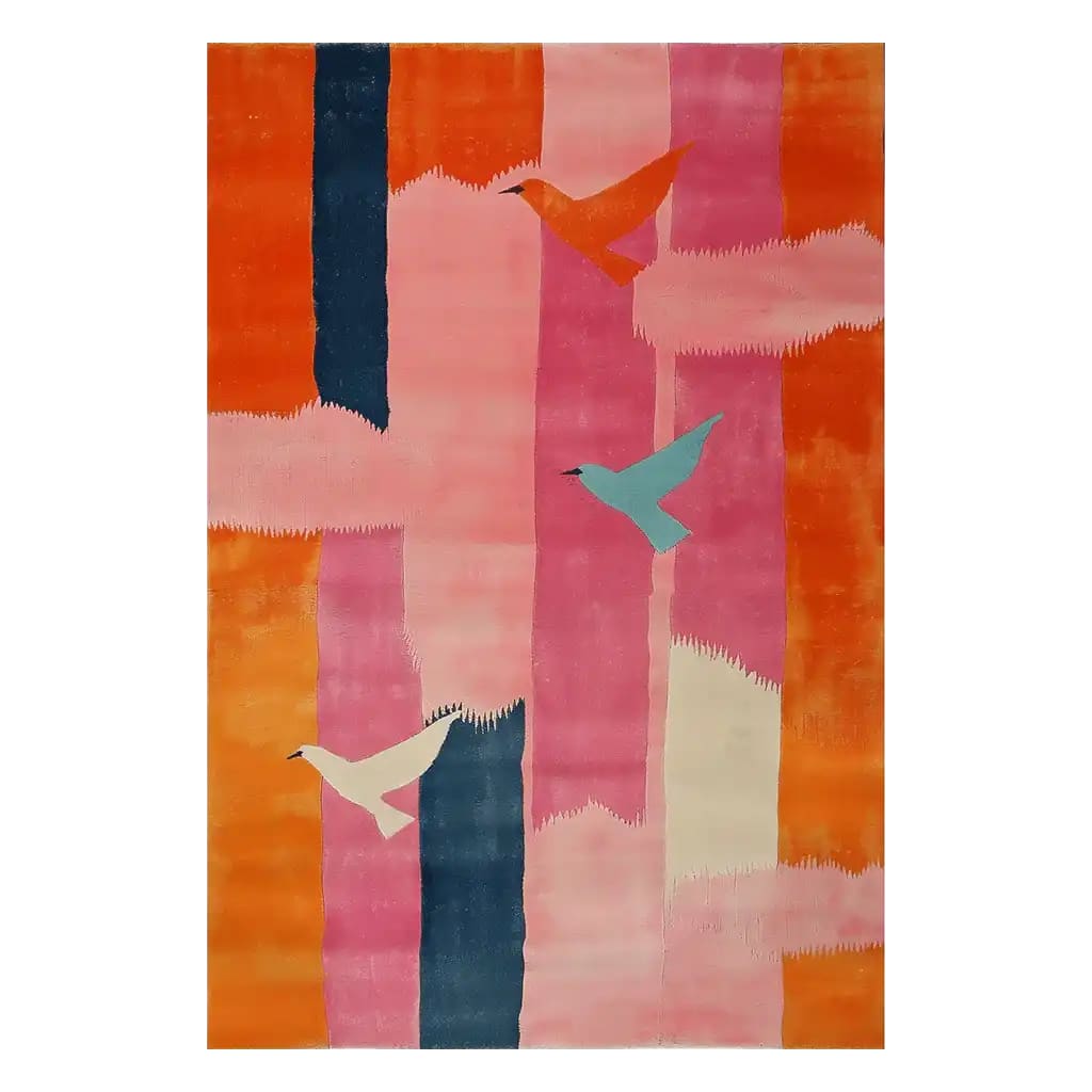 Petal Harmony Hand Tufted Wool Rug featuring vibrant abstract design with colorful birds, perfect for enhancing living room area rugs. This exquisite wool rug adds a touch of elegance to any space, making it an ideal choice for rugs for living room decor.