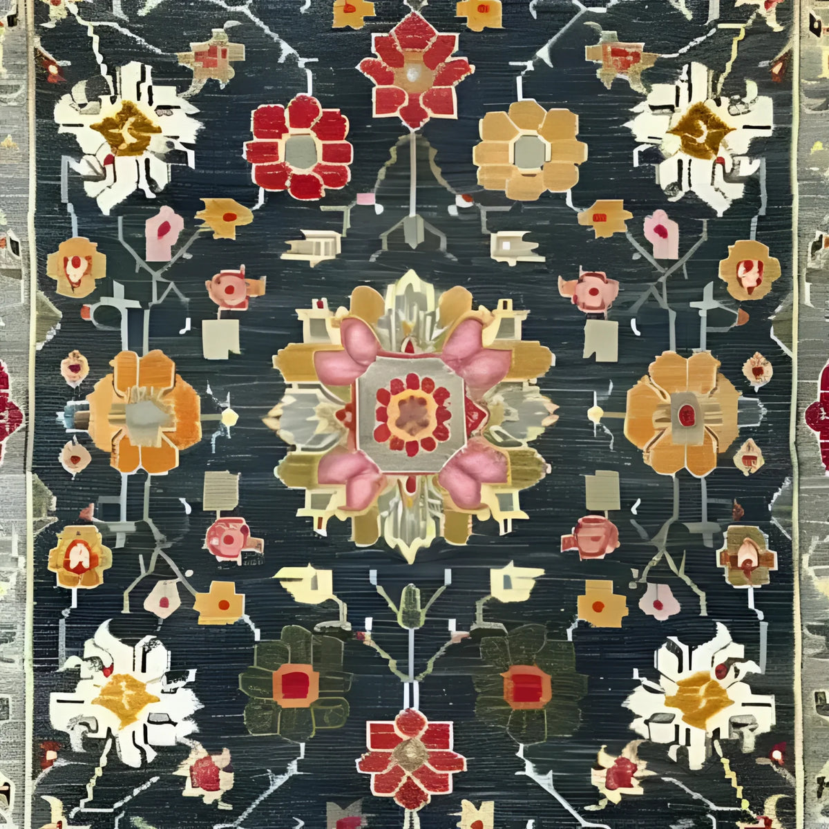 This is a close-up view of the Petal Illusion Hand Knotted Area Rug, featuring a vibrant floral pattern with intricate designs in hues of red, pink, orange, and white against a dark background. Perfect for those seeking living room rugs 8x10, this vintage rug adds a touch of elegance reminiscent of Persian rugs, making it an ideal choice for any rugs for living room setting.