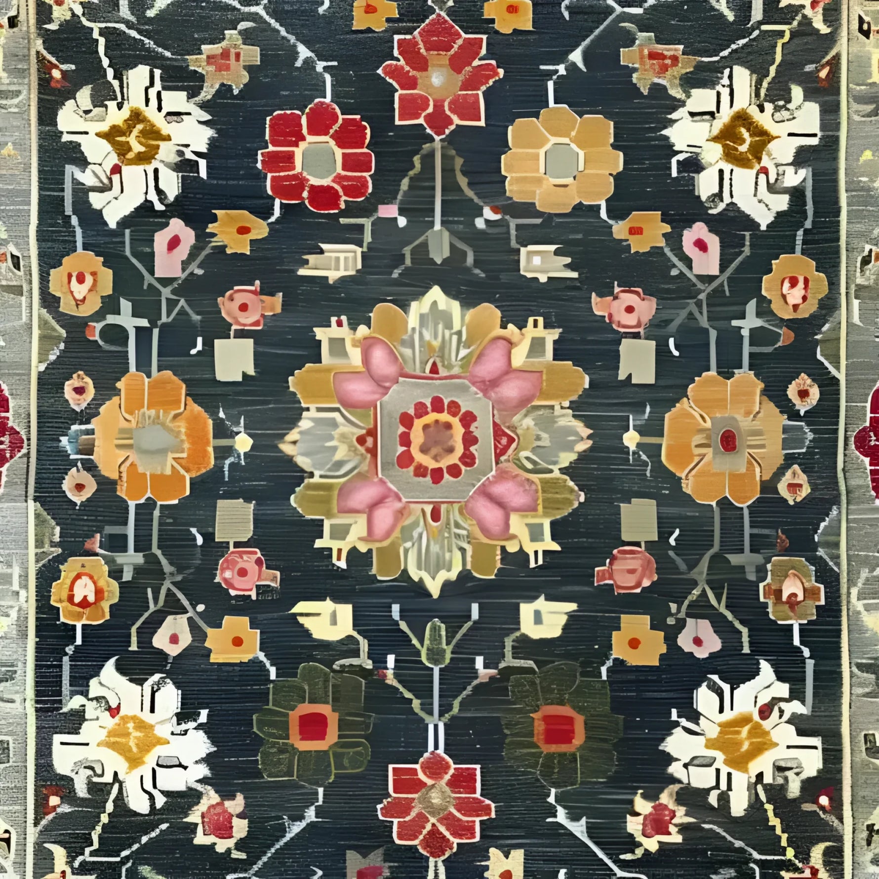 This is a close-up view of the Petal Illusion Hand Knotted Area Rug, featuring a vibrant floral pattern with intricate designs in hues of red, pink, orange, and white against a dark background. Perfect for those seeking living room rugs 8x10, this vintage rug adds a touch of elegance reminiscent of Persian rugs, making it an ideal choice for any rugs for living room setting.