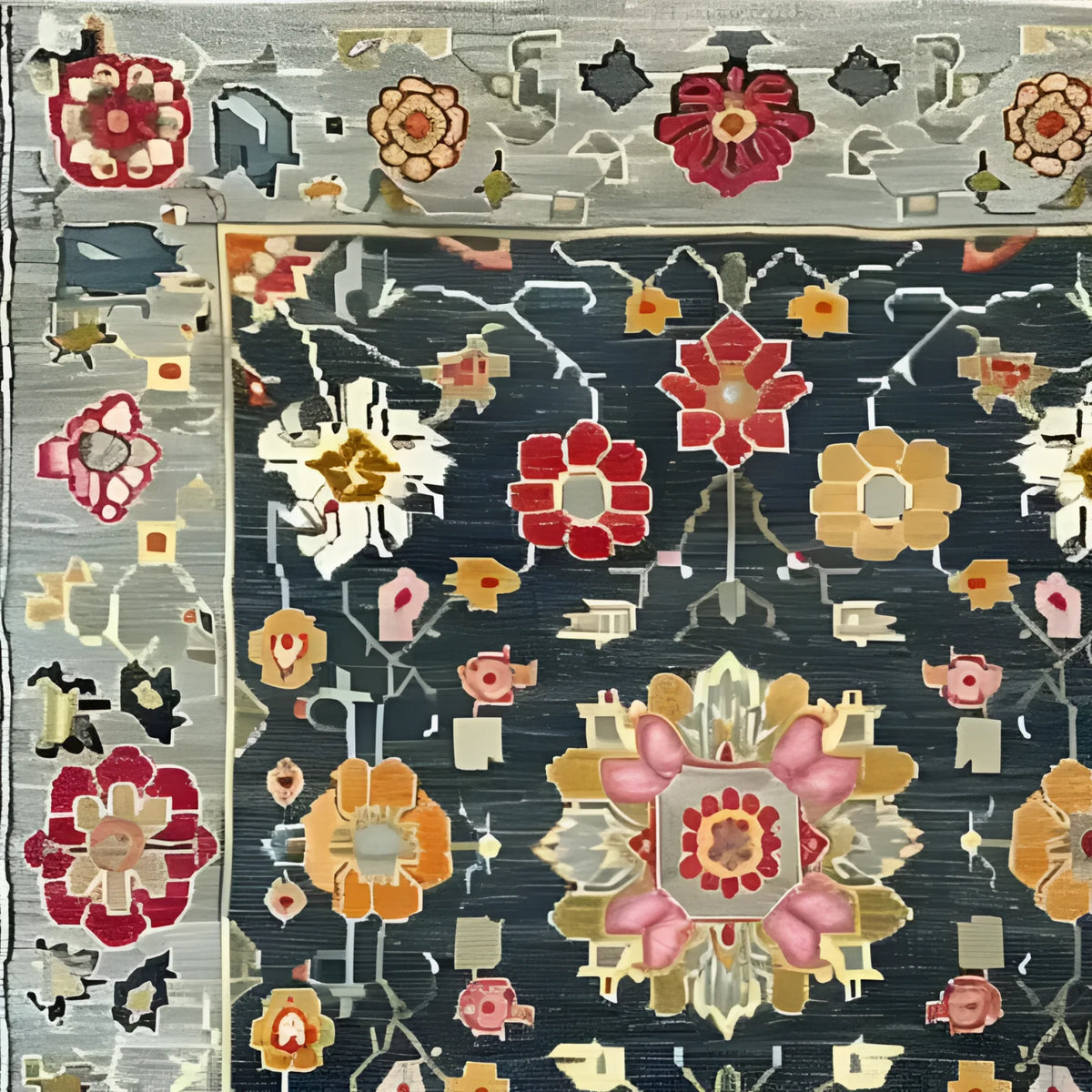 Close-up of the Petal Illusion Hand Knotted Area Rug showcasing a vintage Persian-inspired floral design. The intricate pattern features vibrant red, orange, and pink flowers on a dark background, perfect for adding elegance to living room rugs 8x10.