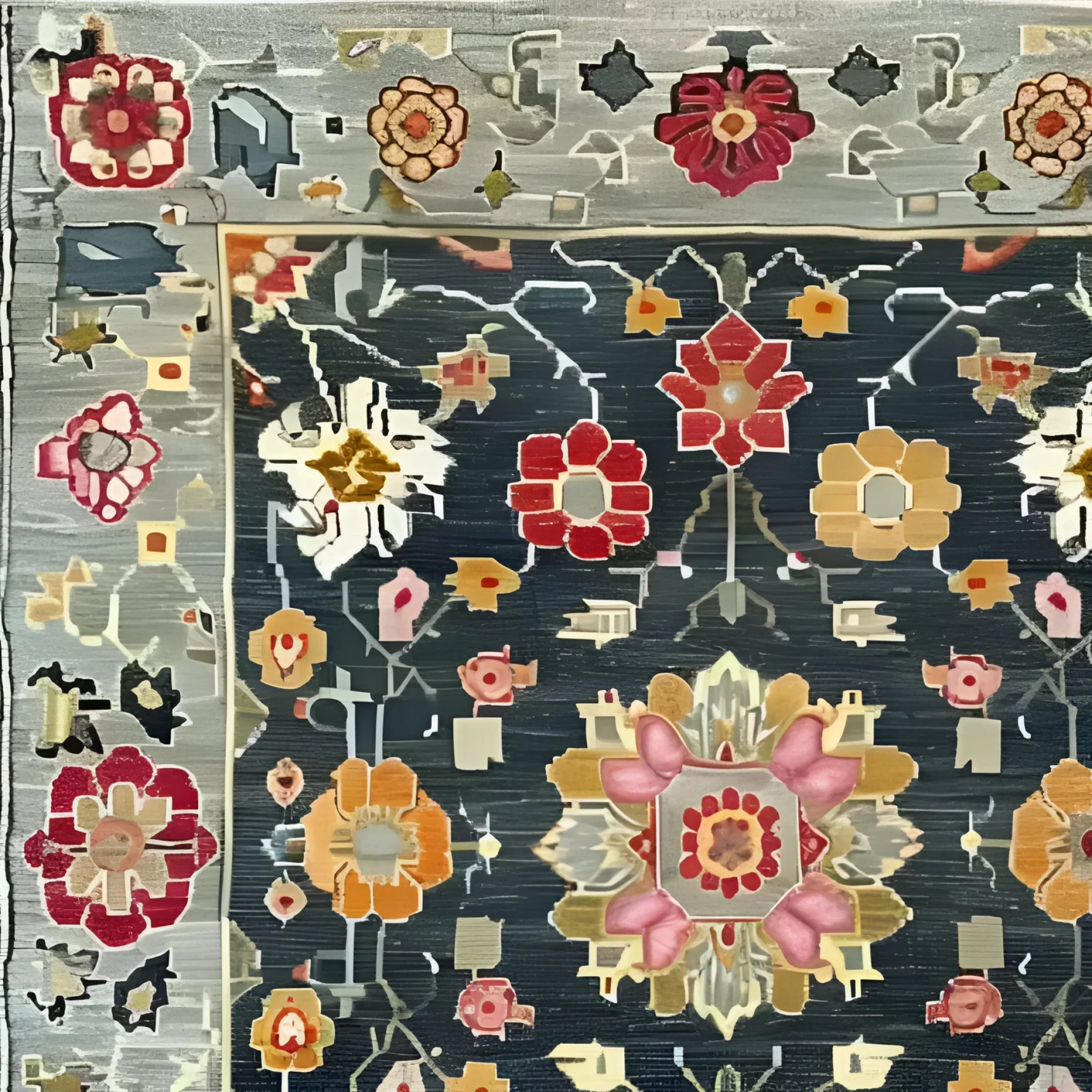 Close-up of the Petal Illusion Hand Knotted Area Rug showcasing a vintage Persian-inspired floral design. The intricate pattern features vibrant red, orange, and pink flowers on a dark background, perfect for adding elegance to living room rugs 8x10.