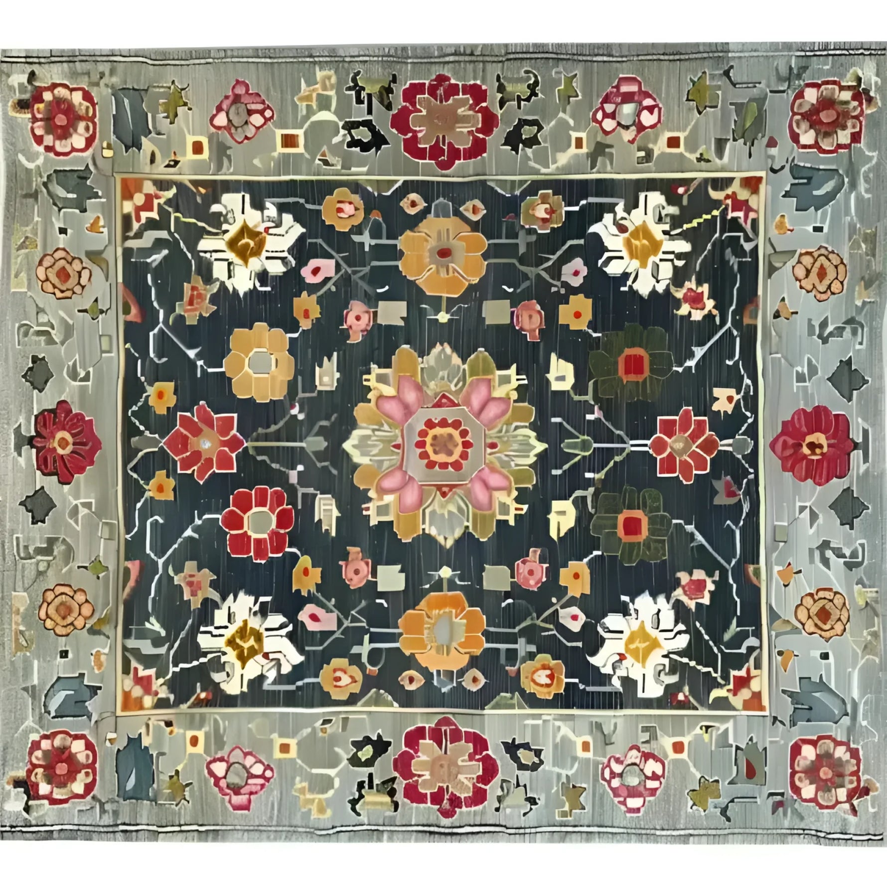 A stunning Petal Illusion Hand Knotted Area Rug featuring intricate floral patterns in vibrant colors. Perfect for adding a touch of elegance to any living room, this 8x10 vintage Persian rug showcases a beautiful blend of traditional and contemporary design elements.