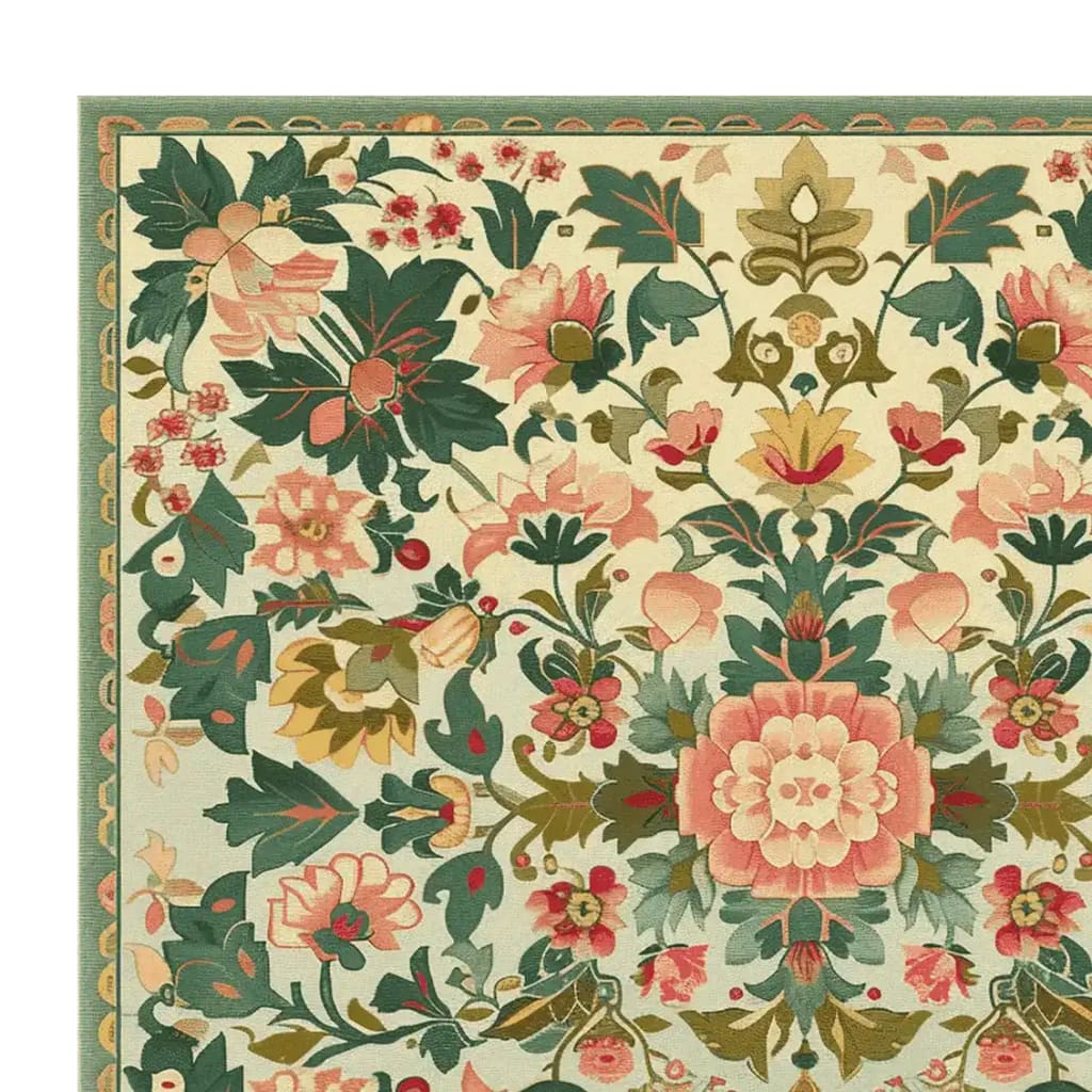 This image showcases a detailed corner of the Petal Medallion Echo Hand Tufted Area Rug, featuring an intricate floral design in lush greens, pinks, and hints of gold. Perfect as a square area rug, this large living room rug adds a touch of elegance with its wool composition, making it a standout piece among floral rugs for living rooms.