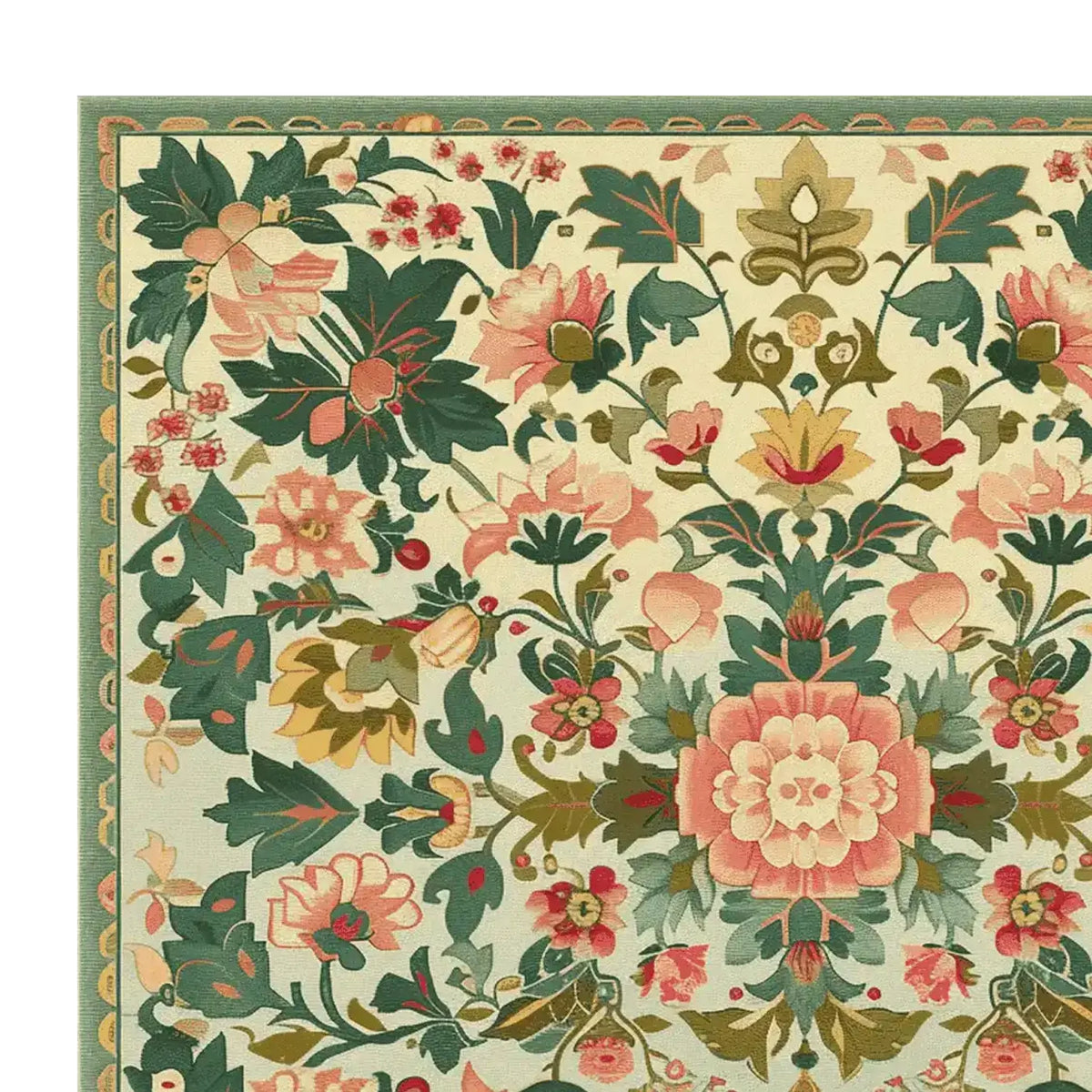 This image showcases a detailed corner of the Petal Medallion Echo Hand Tufted Area Rug, featuring an intricate floral design in lush greens, pinks, and hints of gold. Perfect as a square area rug, this large living room rug adds a touch of elegance with its wool composition, making it a standout piece among floral rugs for living rooms.