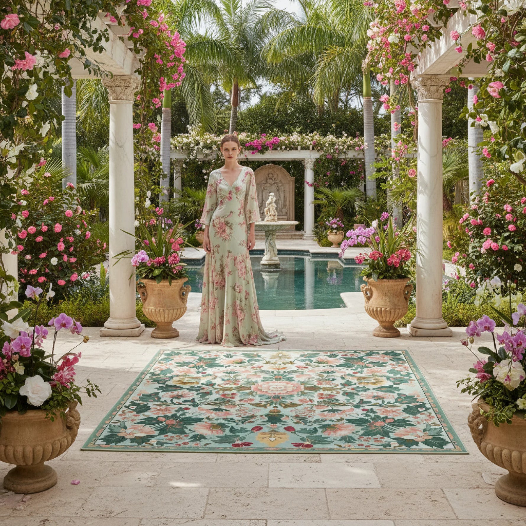 Woman in a floral dress standing in a garden with a floral rug and decorative columns.