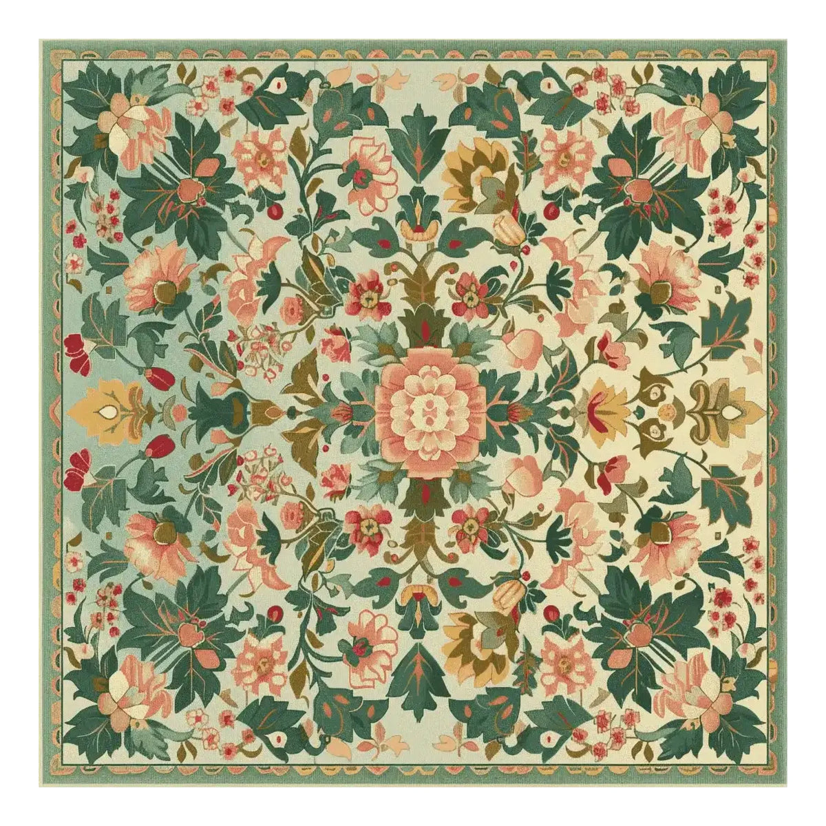 A beautifully intricate Petal Medallion Echo Hand Tufted Rug, showcasing a floral design with vibrant colors. This square area rug is perfect for large living rooms, adding elegance and style to your space. Made from high-quality wool, this floral rug is a stunning example of rugs for living rooms, combining traditional craftsmanship with a modern aesthetic.
